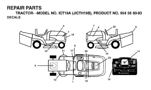 Decals Diagram and Parts List for ICT19A (954568083)(2002-03) Jonsered Lawn Tractor