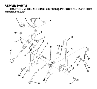 Mower Lift Lever Diagram and Parts List for LR13B (954130023)(2000-04) Jonsered Lawn Tractor
