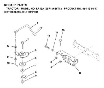 Sector Gear / Axle Support Diagram and Parts List for LR13A (954130017)(2000-02) Jonsered Lawn Tractor