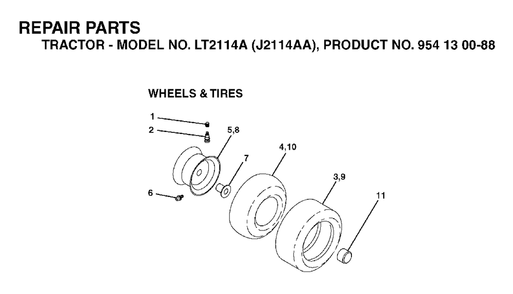 Wheels Tires Diagram and Parts List for LT2114A (954130088)(2003-01) Jonsered Lawn Tractor