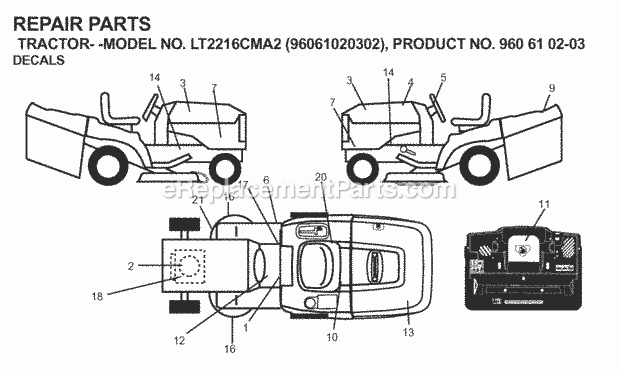 Decals Diagram and Parts List for LT2216CMA2 (960610203-96061020302)(2008-01) Jonsered Lawn Tractor