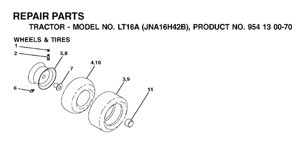 Wheels Tires Diagram and Parts List for LT16A (954130070)(2003-01) Jonsered Lawn Tractor