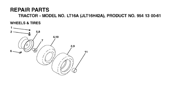 Wheels Tires Diagram and Parts List for LT16A (954130061)(2002-06) Jonsered Lawn Tractor