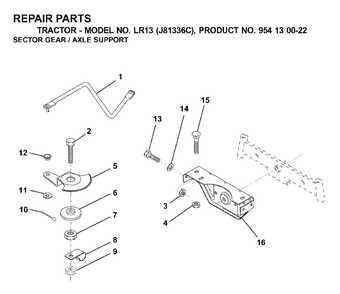 Sector Gear / Axle Support Diagram and Parts List for LR13 (954130022)(2000-03) Jonsered Lawn Tractor