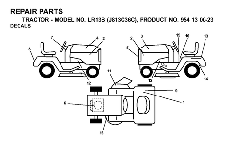 Decals Diagram and Parts List for LR13B (954130023)(2000-03) Jonsered Lawn Tractor