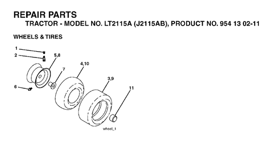 Wheels Tires Diagram and Parts List for LT2115A (954130211)(2004-06) Jonsered Lawn Tractor