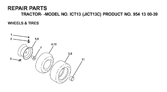 Wheels Tires Diagram and Parts List for ICT13 (954130039)(2000-04) Jonsered Lawn Tractor
