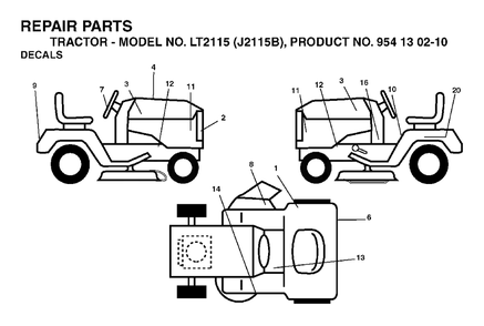 Decals Diagram and Parts List for LT2115 (954130210)(2004-06) Jonsered Lawn Tractor