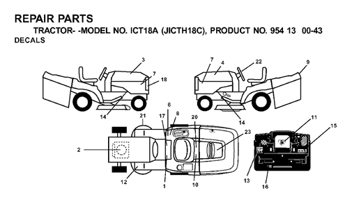 Decals Diagram and Parts List for ICT18A (954130043-C)(2001-02) Jonsered Lawn Tractor