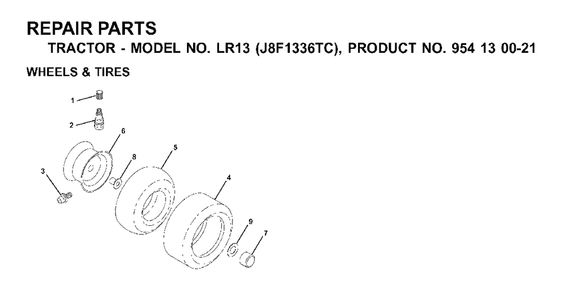 Wheels Tires Diagram and Parts List for LR13 (954130021)(2000-02) Jonsered Lawn Tractor