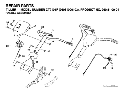 Handle Controls Diagram and Parts List for CT2105F (960810001-03)(2007-02) Jonsered Tiller