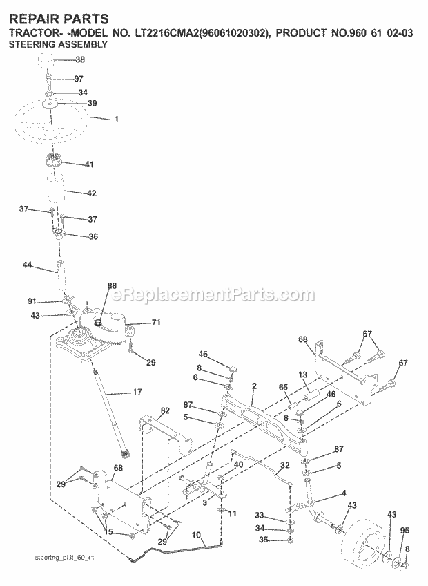 Steering Diagram and Parts List for LT2216CMA2 (960610203-96061020302)(2008-01) Jonsered Lawn Tractor