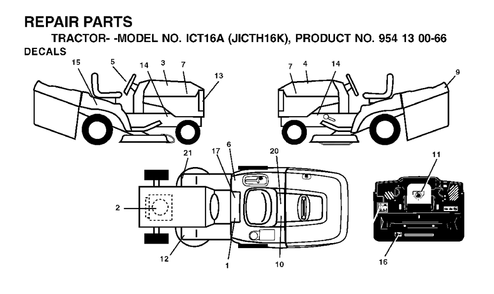 Decals Diagram and Parts List for ICT16A (954130066-K)(2002-06) Jonsered Lawn Tractor