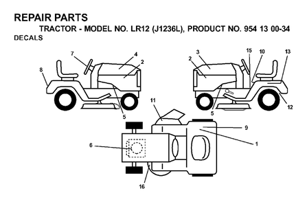 Decals Diagram and Parts List for LR12 (954130034)(2000-03) Jonsered Lawn Tractor
