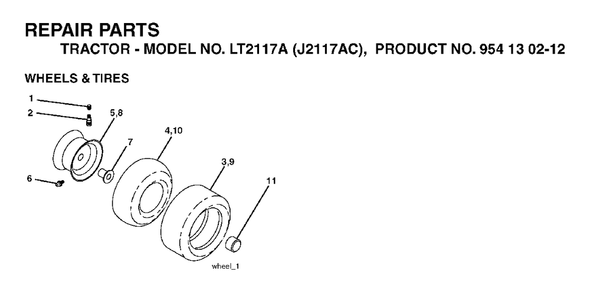 Wheels Tires Diagram and Parts List for LT2117A (954130212)(2004-06) Jonsered Lawn Tractor