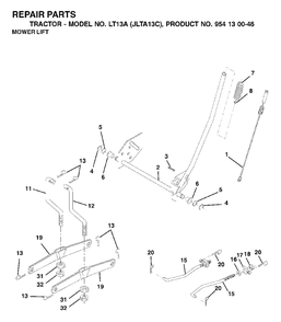 Mower Lift / Deck Lift Diagram and Parts List for LT13A (954130046)(2001-09) Jonsered Lawn Tractor