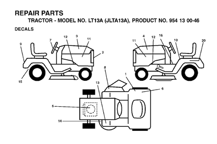 Decals Diagram and Parts List for LT13A (954130046)(2001-01) Jonsered Lawn Tractor