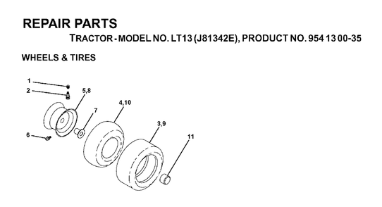 Wheels Tires Diagram and Parts List for LT13 (954130035)(2000-02) Jonsered Lawn Tractor