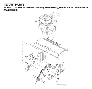 Transmission Diagram and Parts List for CT2105F (960810001-03)(2007-02) Jonsered Tiller