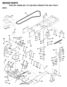 Drive Diagram and Parts List for LT13 (954130001)(1998-12) Jonsered Lawn Tractor
