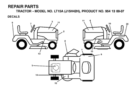 Decals Diagram and Parts List for LT15A (954130037-H)(2001-01) Jonsered Lawn Tractor