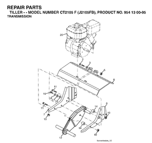 Transmission Diagram and Parts List for CT2105F (954130095)(2004-01) Jonsered Tiller