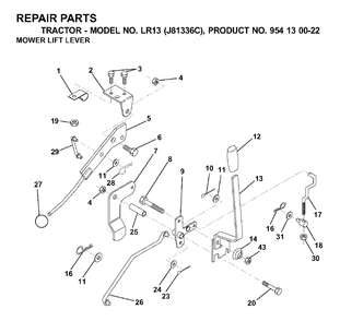 Mower Lift Lever Diagram and Parts List for LR13 (954130022)(2000-03) Jonsered Lawn Tractor