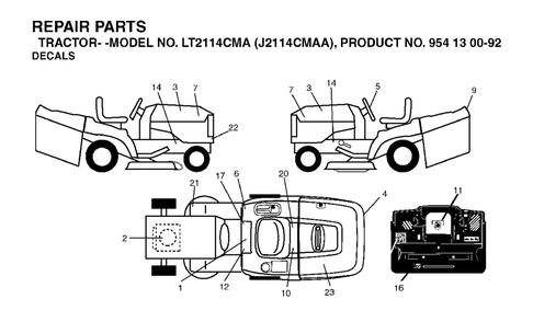 Decals Diagram and Parts List for LT2114CMA (954130092-A)(2003-01) Jonsered Lawn Tractor