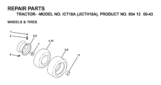 Wheels Tires Diagram and Parts List for ICT18A (954130043-A)(2000-03) Jonsered Lawn Tractor