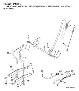 Mower Lift / Deck Lift Diagram and Parts List for LT2115A (954130211)(2004-09) Jonsered Lawn Tractor