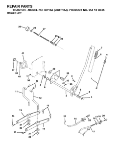 Mower Lift / Deck Lift Diagram and Parts List for ICT16A (954130066-J)(2002-06) Jonsered Lawn Tractor