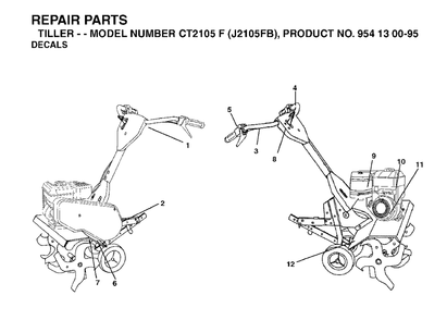 Decals Diagram and Parts List for CT2105F (954130095)(2004-01) Jonsered Tiller