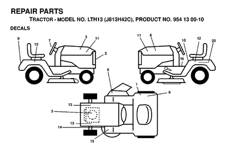 Decals Diagram and Parts List for LTH13 (954130010)(1998-12) Jonsered Lawn Tractor