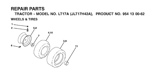 Wheels Tires Diagram and Parts List for LT17A (954130062)(2002-06) Jonsered Lawn Tractor