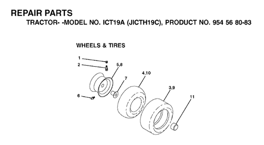 Wheels Tires Diagram and Parts List for ICT19A (954568083)(2002-06) Jonsered Lawn Tractor