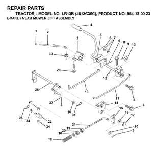 Brake / Rear Mower Lift Diagram and Parts List for LR13B (954130023)(2000-03) Jonsered Lawn Tractor