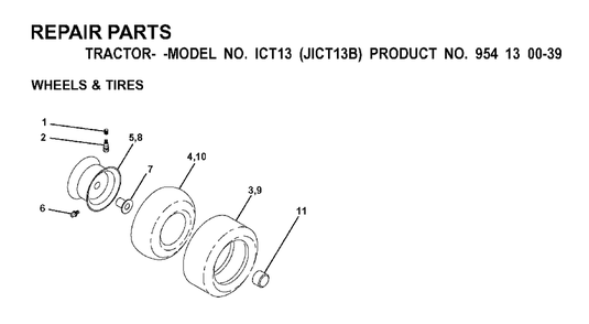 Wheels Tires Diagram and Parts List for ICT13 (954130039)(2000-02) Jonsered Lawn Tractor