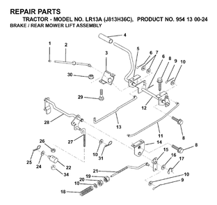 Brake / Rear Mower Lift Diagram and Parts List for LR13A (954130024)(2000-03) Jonsered Lawn Tractor