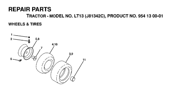 Wheels Tires Diagram and Parts List for LT13 (954130001)(1998-12) Jonsered Lawn Tractor