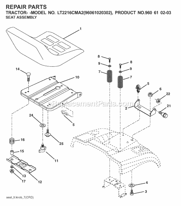 Seat Diagram and Parts List for LT2216CMA2 (960610203-96061020302)(2008-01) Jonsered Lawn Tractor