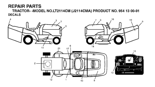 Decals Diagram and Parts List for LT2114CM (954130091)(2003-01) Jonsered Lawn Tractor