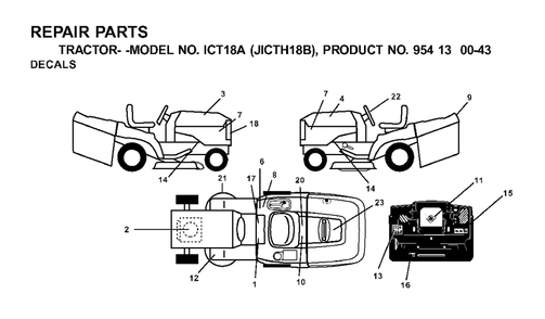 Decals Diagram and Parts List for ICT18A (954130043-B)(2001-02) Jonsered Lawn Tractor