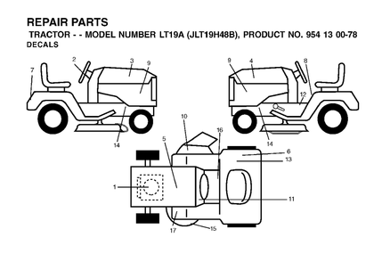 Decals Diagram and Parts List for LT19A (954130078)(2002-03) Jonsered Lawn Tractor