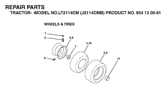 Wheels Tires Diagram and Parts List for LT2114CM (954130091)(2003-05) Jonsered Lawn Tractor