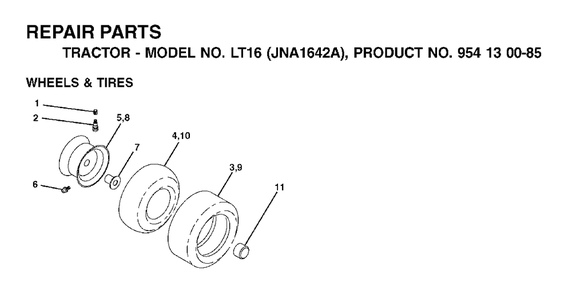 Wheels Tires Diagram and Parts List for LT16 (954130085)(2003-01) Jonsered Lawn Tractor