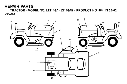 Decals Diagram and Parts List for LT2116A (954130202-B)(2003-01) Jonsered Lawn Tractor