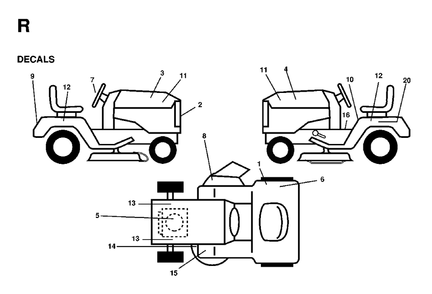 Decals Diagram and Parts List for LTH13 1998-01 Jonsered Lawn Tractor