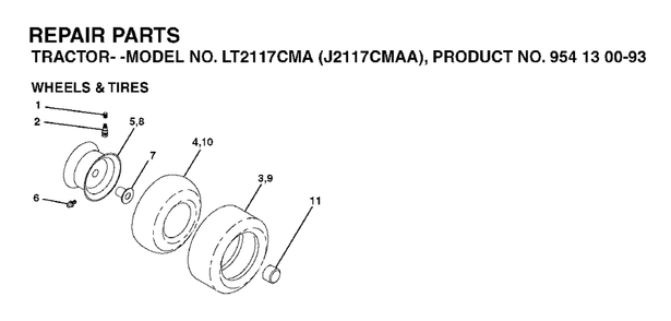 Wheels Tires Diagram and Parts List for LT2117CMA (954130093)(2003-01) Jonsered Lawn Tractor