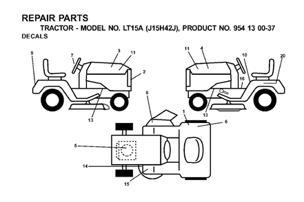 Decals Diagram and Parts List for LT15A (954130037-J)(2001-01) Jonsered Lawn Tractor