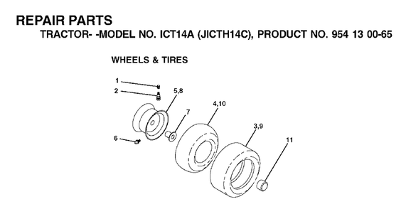 Wheels Tires Diagram and Parts List for ICT14A (954130065)(2002-03) Jonsered Lawn Tractor